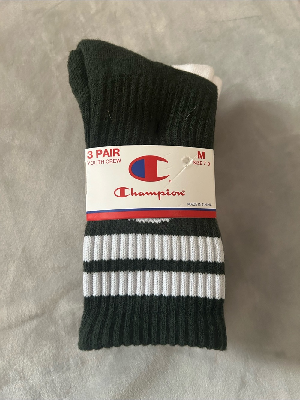 Champion Youth Crew Socks in Dark Green and White - 3 Pair